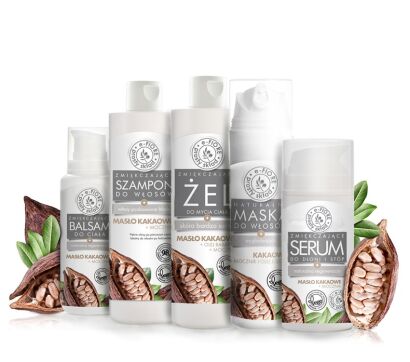 ZESTAW PREZENTOWY z MASŁEM KAKAOWYM i MOCZNIKIEM 5 produktów: szampon, maska, żel, serum, balsam